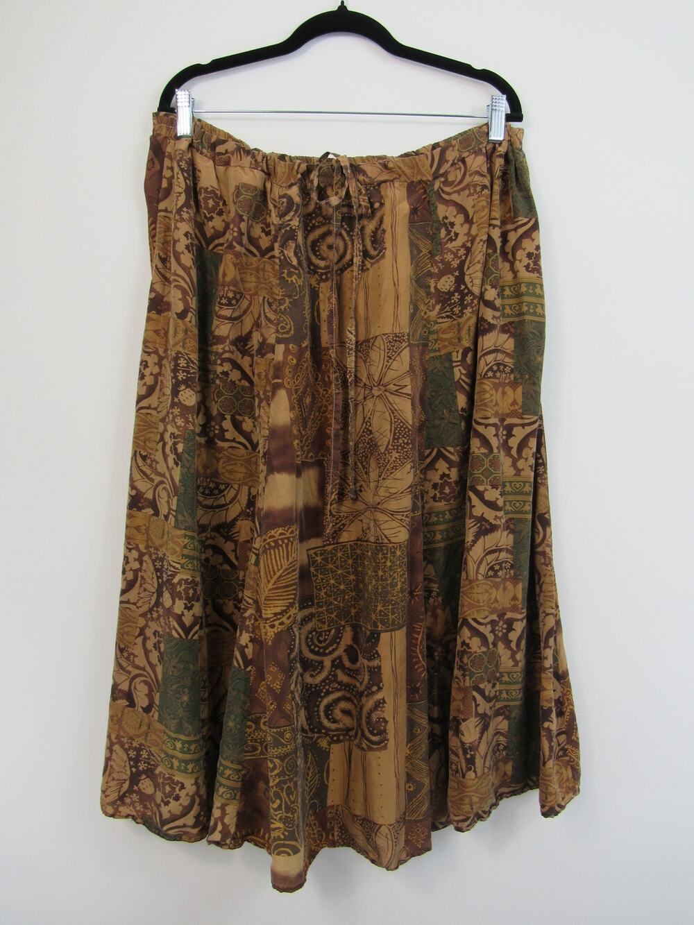 URU 100% Silk Brown Olive Green Knee Length Patchwork Printed Skirt Boho Art